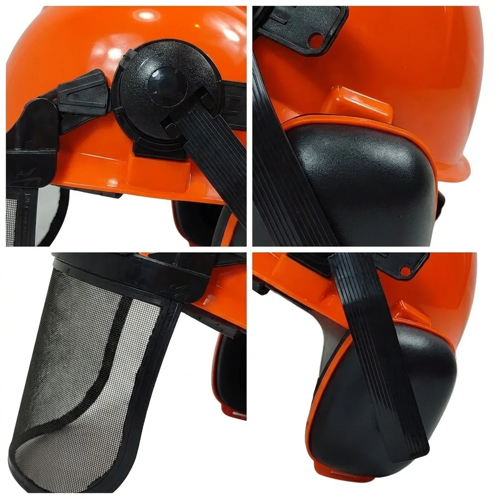 Forestry Operations Helmet with Earmuffs Adjustable Mesh Visor and Enhanced Side Visibility for Low-Light Environments