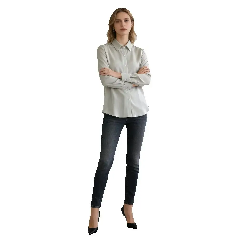 Women's Clothing 26MM 93% Natural Mulberry Silk Heavy Crepe Light Gray Green OL Style Versatile Lapel Long Sleeved Office Shirt