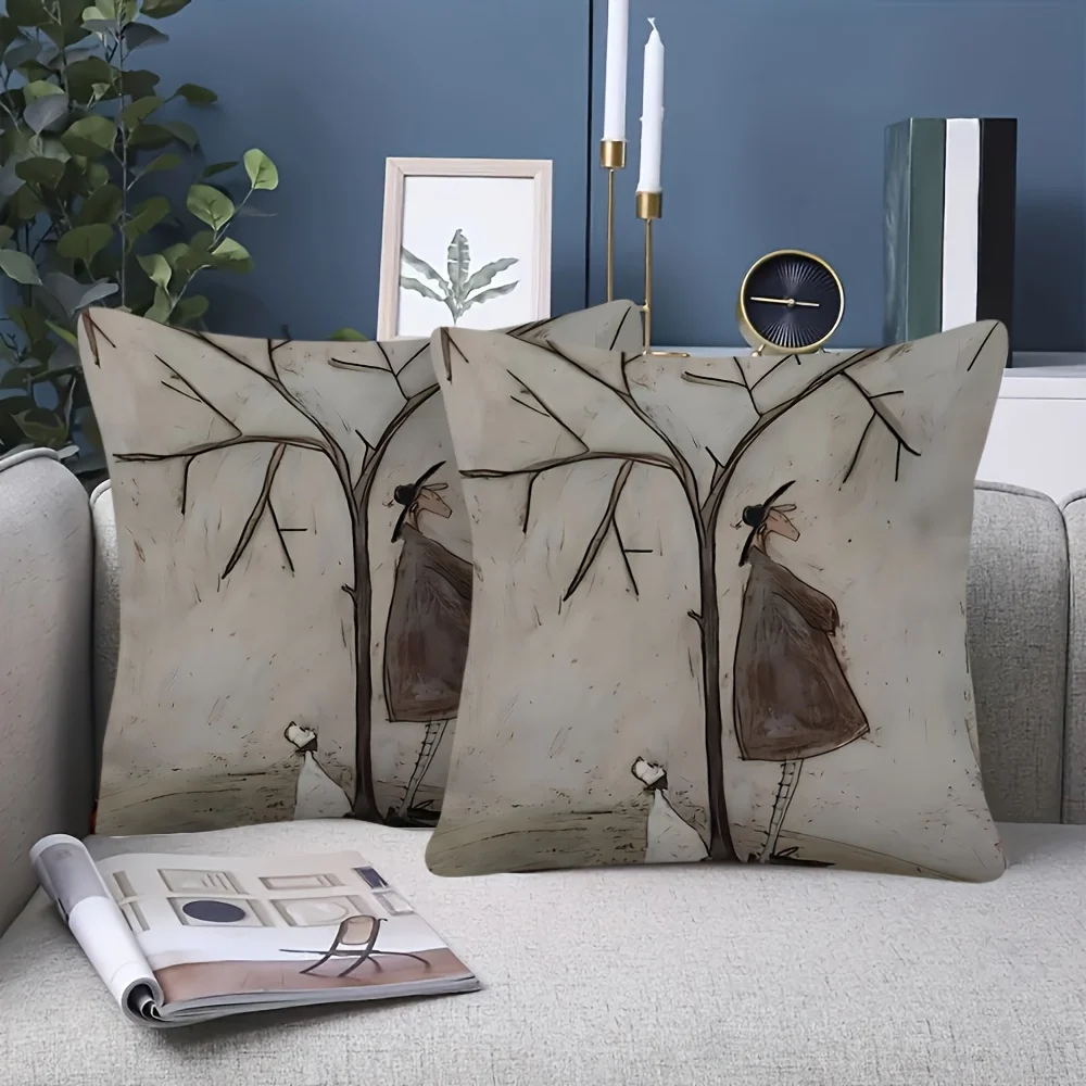 2pcs Vintage Abstract Tree and Couple Print Throw Pillow Covers for Home Decor