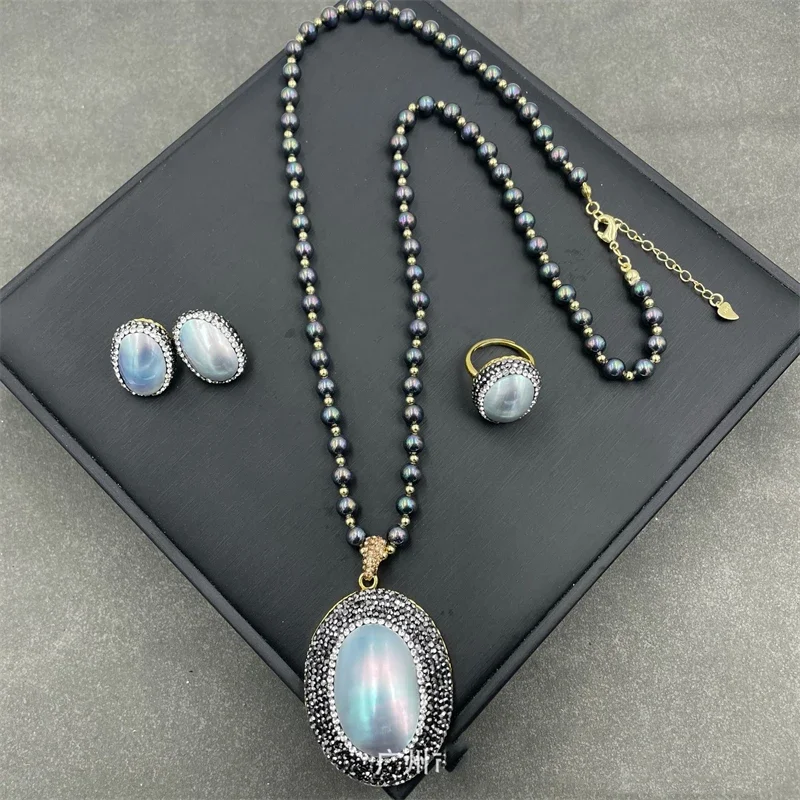 Golden Rhinestone Grey Deep Sea Water Pearl Shell Jewelry Set for Women Charm Strand Necklace Ring Cuff Bangle Wedding Sets