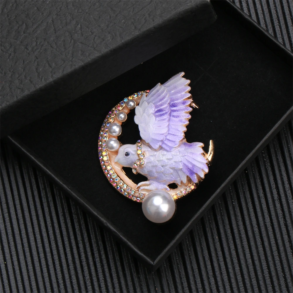 SKEDS Creative Design Moon Bird Brooch Luxury Rhinestone Pearl Jewelry Accessory Animal Owl Pigeon Pin Elegant Gift