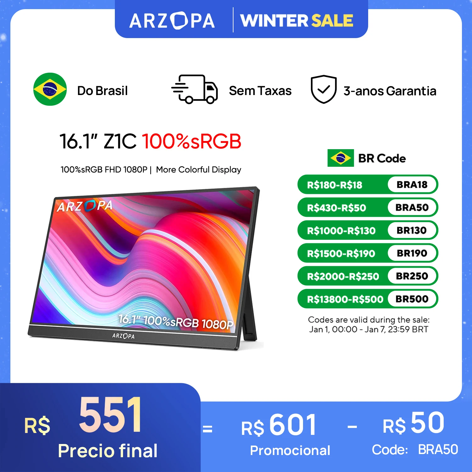 [produto no brasil]NOVA ARZOPA 16.1 inch 1080P 100% sRGB Monitor Portátil Segundo Monitor de Tela Externa para MAC Laptop PC Xbox/PS/Switch,Z1C