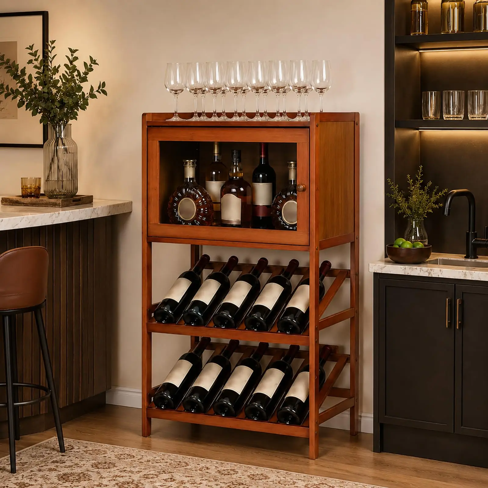 

Three-Tier Bamboo Wine Cabinet With Glass Shelf And Storage Compartment For Home Bar Kitchen Living Room