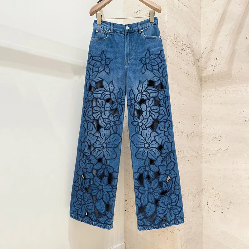 

Cotton Hollow Embroidery Floral Jeans 2025 Trendy Straight Leg Denim Pants women jeans