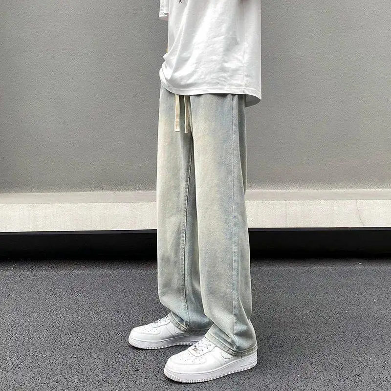 

Желтые джинсы цвета хаки свободного прямого кроя для мальчиков и подростков, весенне-осенние, повседневные, из прочного денима, со средней посадкой