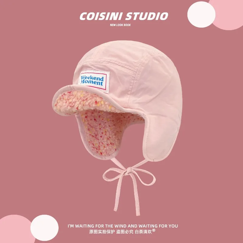 Cute Letter Label Patch Earflap Bomber Hats for Men and Women Thick Fuzzy Lining Windproof Outdoor Cycling Warm Pilot Hat