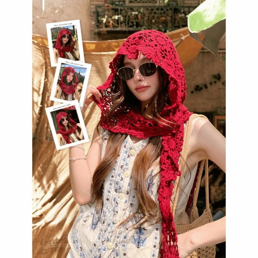 Bohemian Style Hollow Out Retro Knitted Hat Thin Handmade Hooded Scarf Multi-use Tassel Brimless Hat Spring