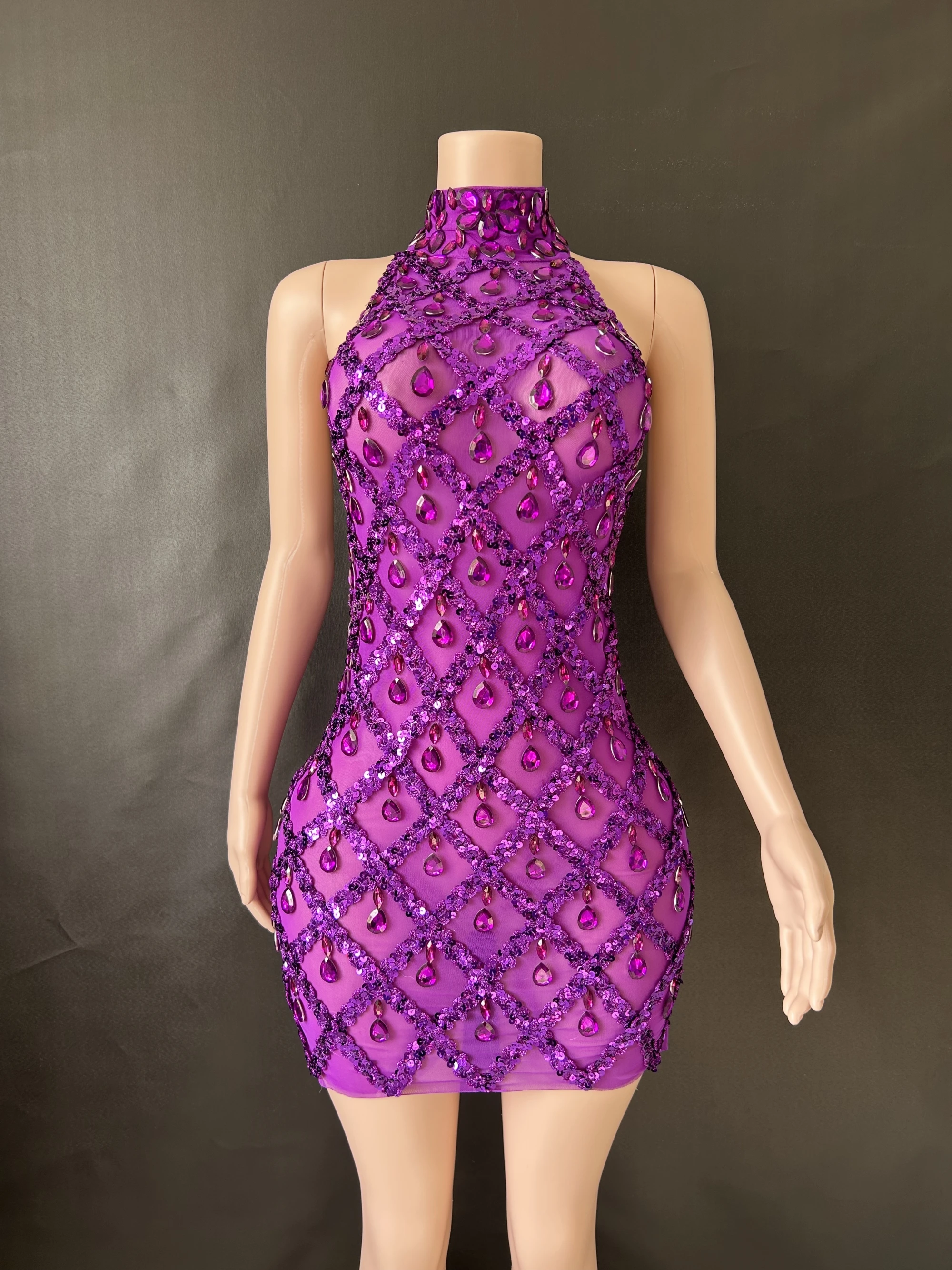 Women Sexy Stage Shining Rhinestone Sequins Dress Evening Prom Birthday Dress Transparent Performance Singer Club Host Dress 7G