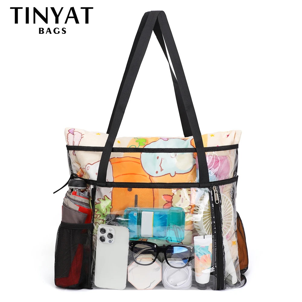 Tinyat Waterproof Tote Bag for Women High Capacity Double-Layer Handbag for Mesh Transparent Beach Bag Swim Storage Shopping