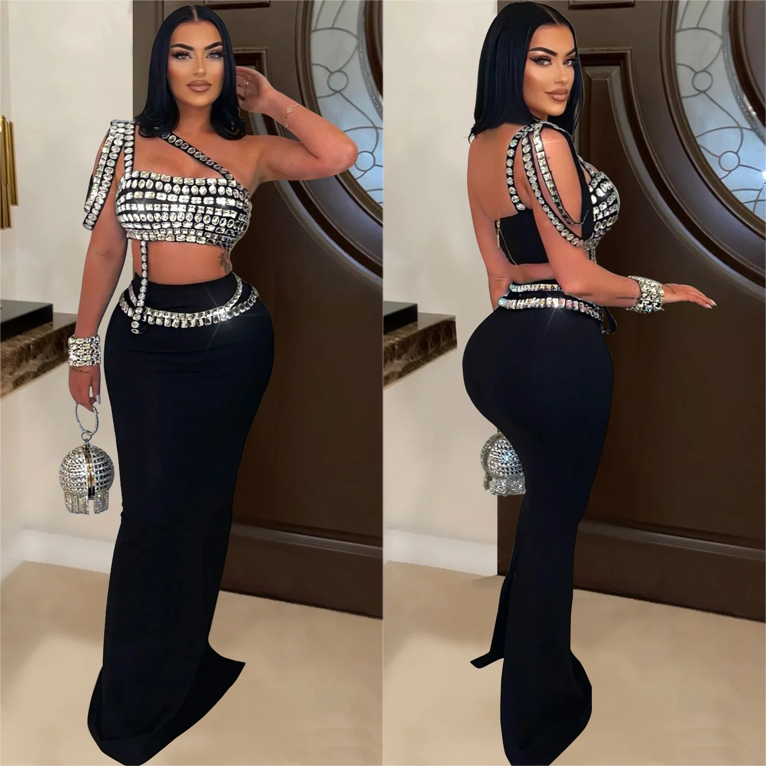 Roupa elegante de dança do ventre adulta feminina personalizada com suspensório sexy meia saia de diamante brilhante