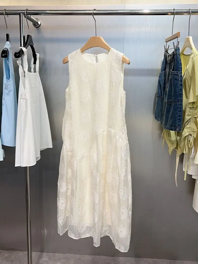 

Extra Large Size plus Women's Summer Dr Embroidered Cutout Svel Vest Fairy T like A-Line Midi Skirt Korean Sle