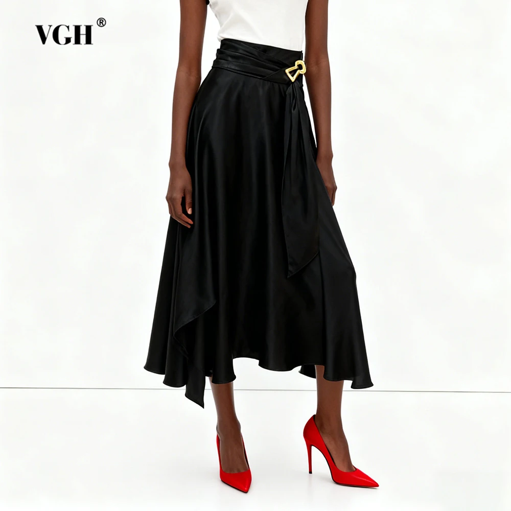 

VGH Свободные шикарные драпированные длинные юбки со складками для женщин с высокой талией, металлическая весенняя темпераментная юбка для поездок на работу, женская мода, новинка