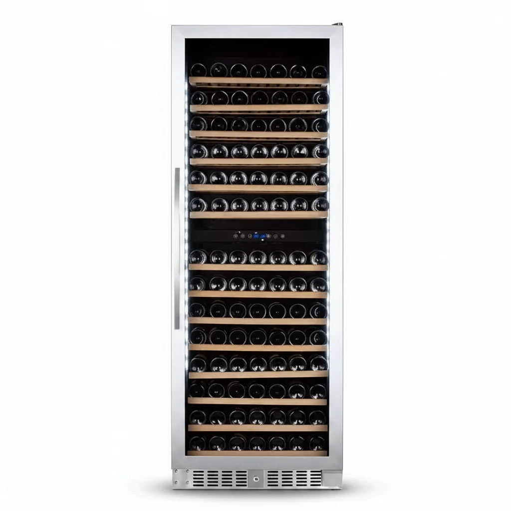 Dual Zone Wine Fridge, 490L Stainless Steel 181 Bottle Capacity, Built-in Wine Cooler Refrigerator, Beech Wood Shelves