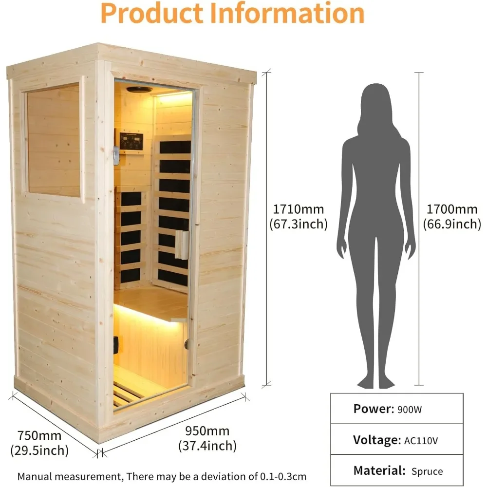 Far Infrared Wooden Sauna Room Home Sauna Spa Dry Saunas Single Person Spa Finland Spruce Wood Fit for 7ft Person