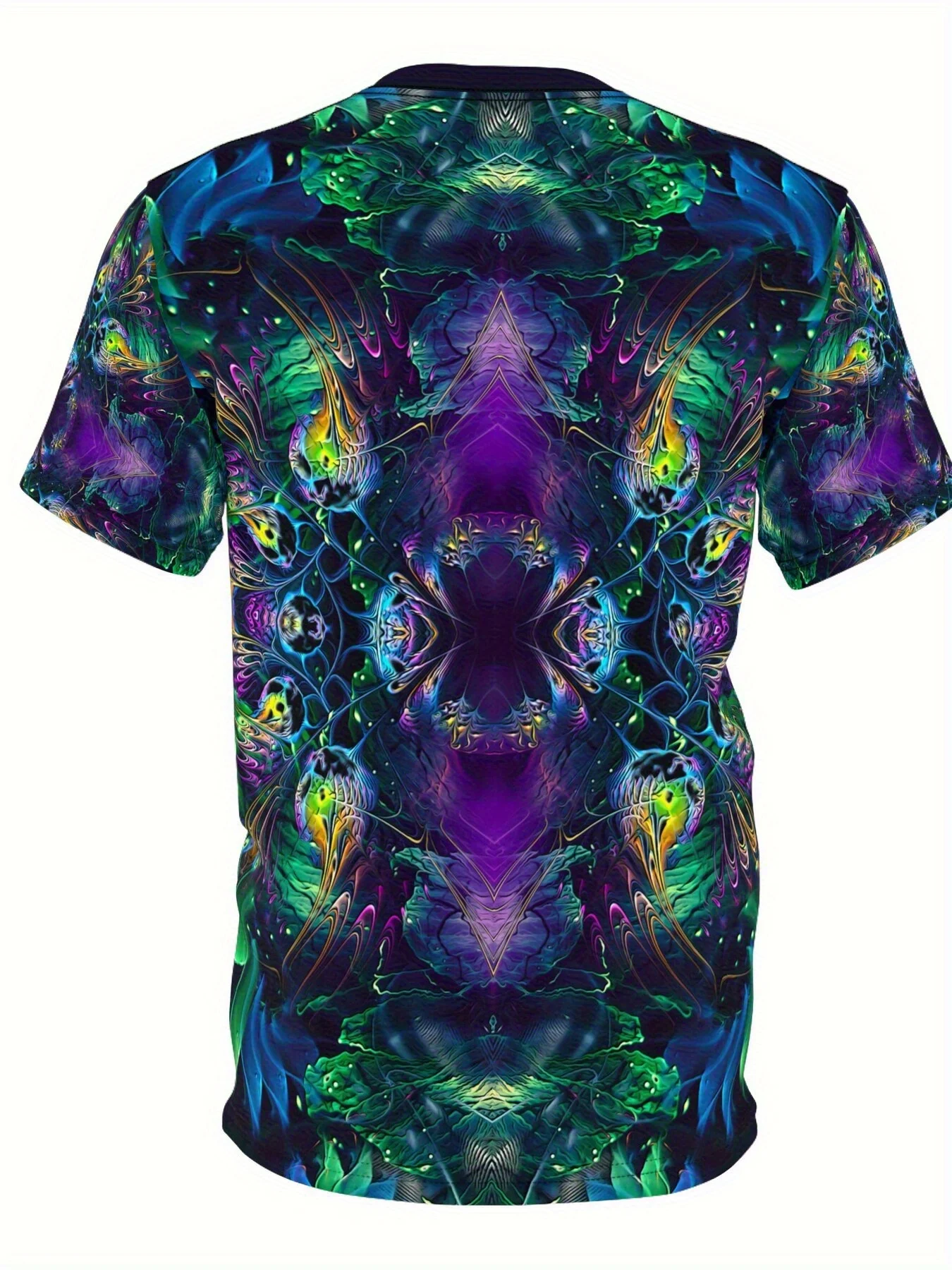 Herren-T-Shirt mit Rundhalsausschnitt und kurzen Ärmeln, 3D-Druck, lila, grün, Pfauenfeder, symmetrischer psychedelischer geometrischer Druck, neuartige Freizeitoberteile – Detail 3