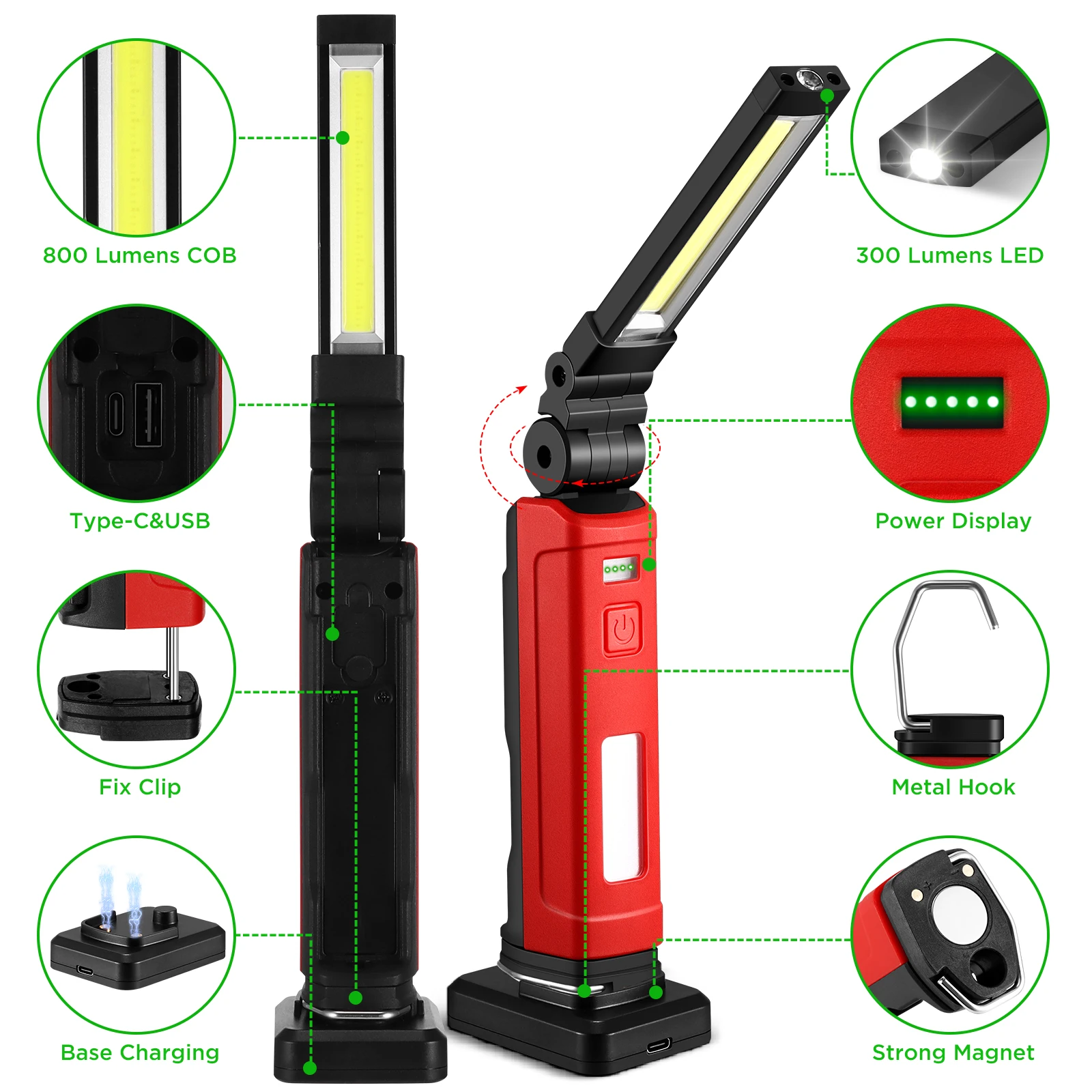 COB LED Portable Flashlight USB Rechargeable Folding Work Light With Magnetic Flashlight Inspection Lamp For Car Repair Camping