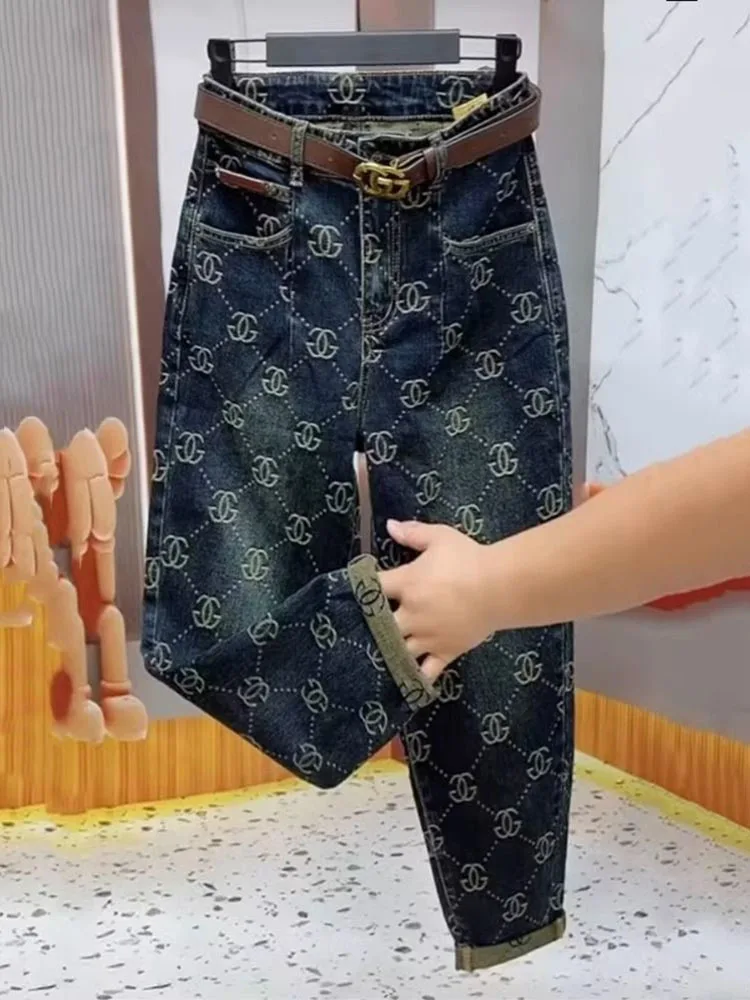 Jeans rétro brodés pour femmes, pantalons sarouel taille haute, pantalons capri décontractés, nouvelle tendance optique, hiver et automne 2025