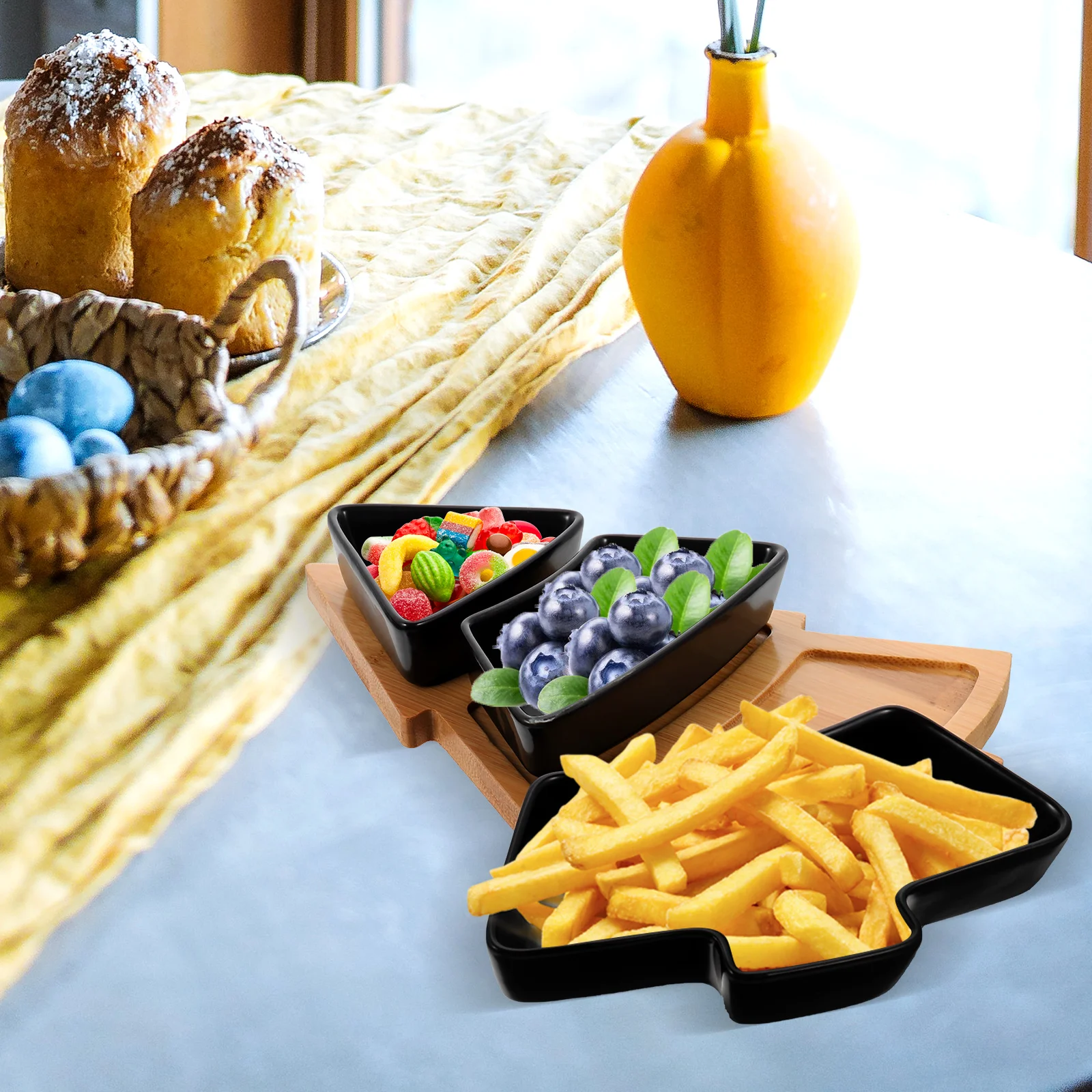 

1 set 1 Set Snack Ceramic Wood Material Multi-Function Storage Desktop Fruit Plate Compartment Candy Dish Household Nut Tray