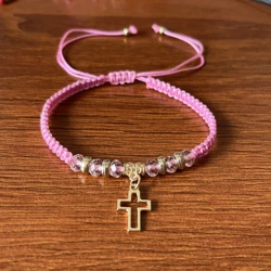 12pcs Size adjustable colorful gold plated alloy stone handmade weave rope religious cross bracelet