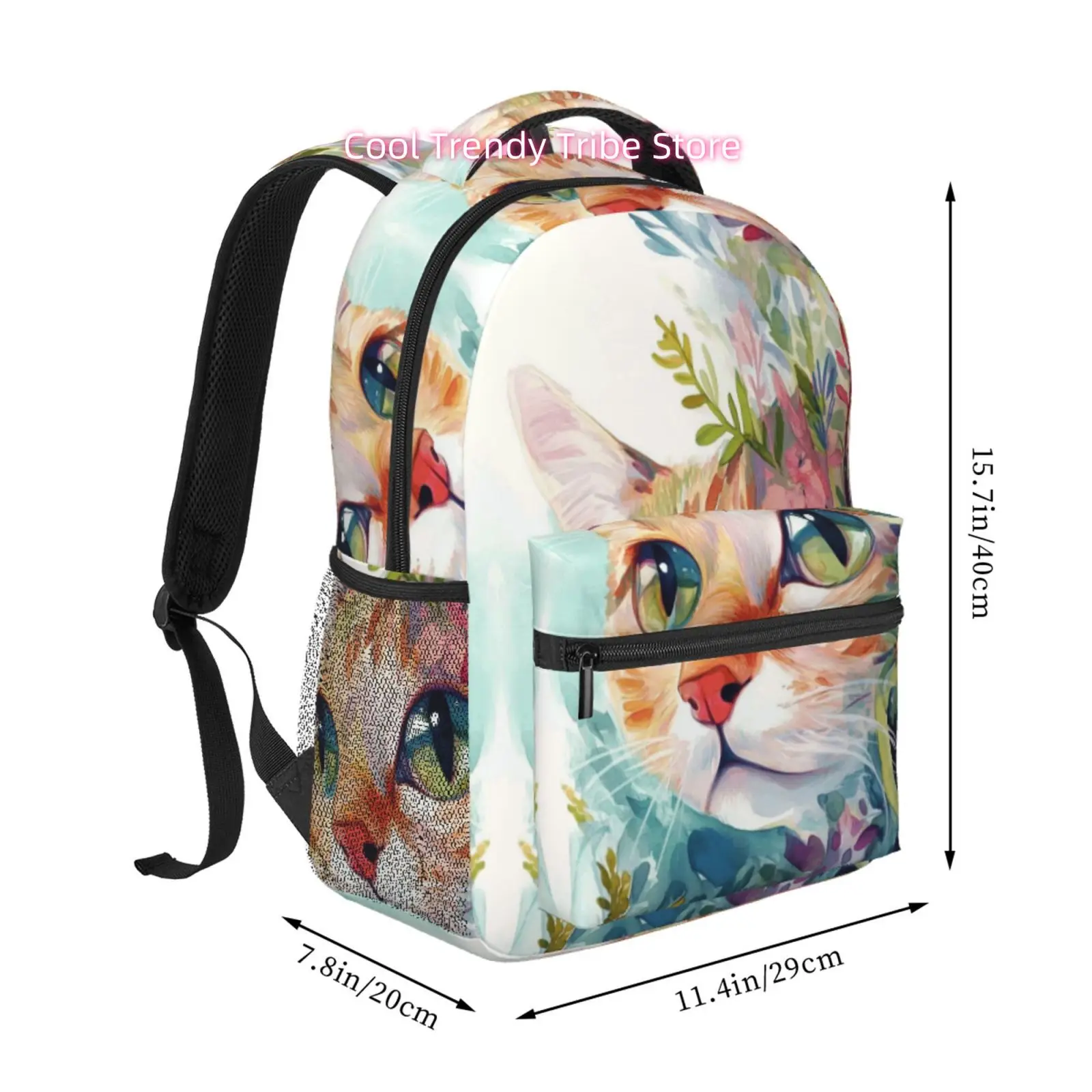 Watercolor Cat Surrounded by Flowers Print Backpack, Adjustable Shoulder Straps, Oxford Cloth, for Women Commuting And Work