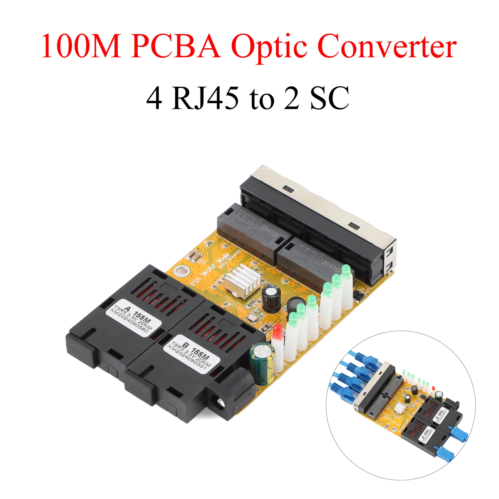 

Fiber Optic Media Converter 100M 4 RJ45 to 2 SC A+B Optic Connector 1310nm/1550nm Ports PCBA Board 20KM Ethernet Switch Yellow