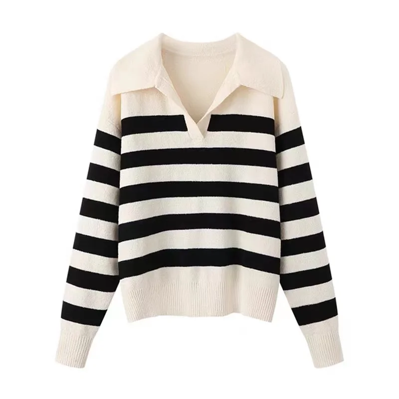 Women's Sweater 2023 New Autumn and Winter New V-Neck Long-Sleeved Pullovers Stripe Design High-quality Soft Fabric Tops