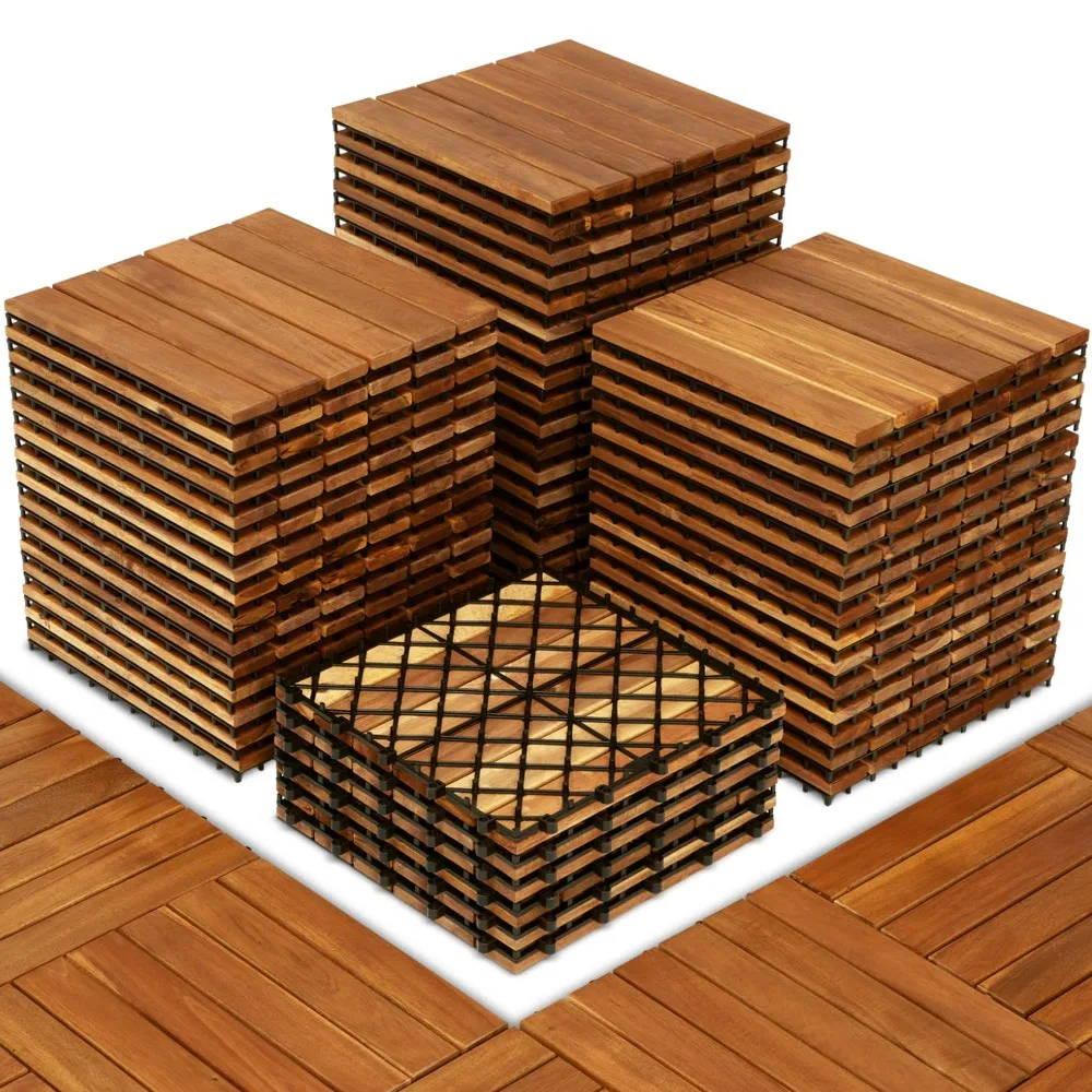 

54 PCS Premium Hardwood Interlocking Deck Tiles 12" x 12", Durable and Waterproof All-Weather, Striped Pattern, Golden Teak