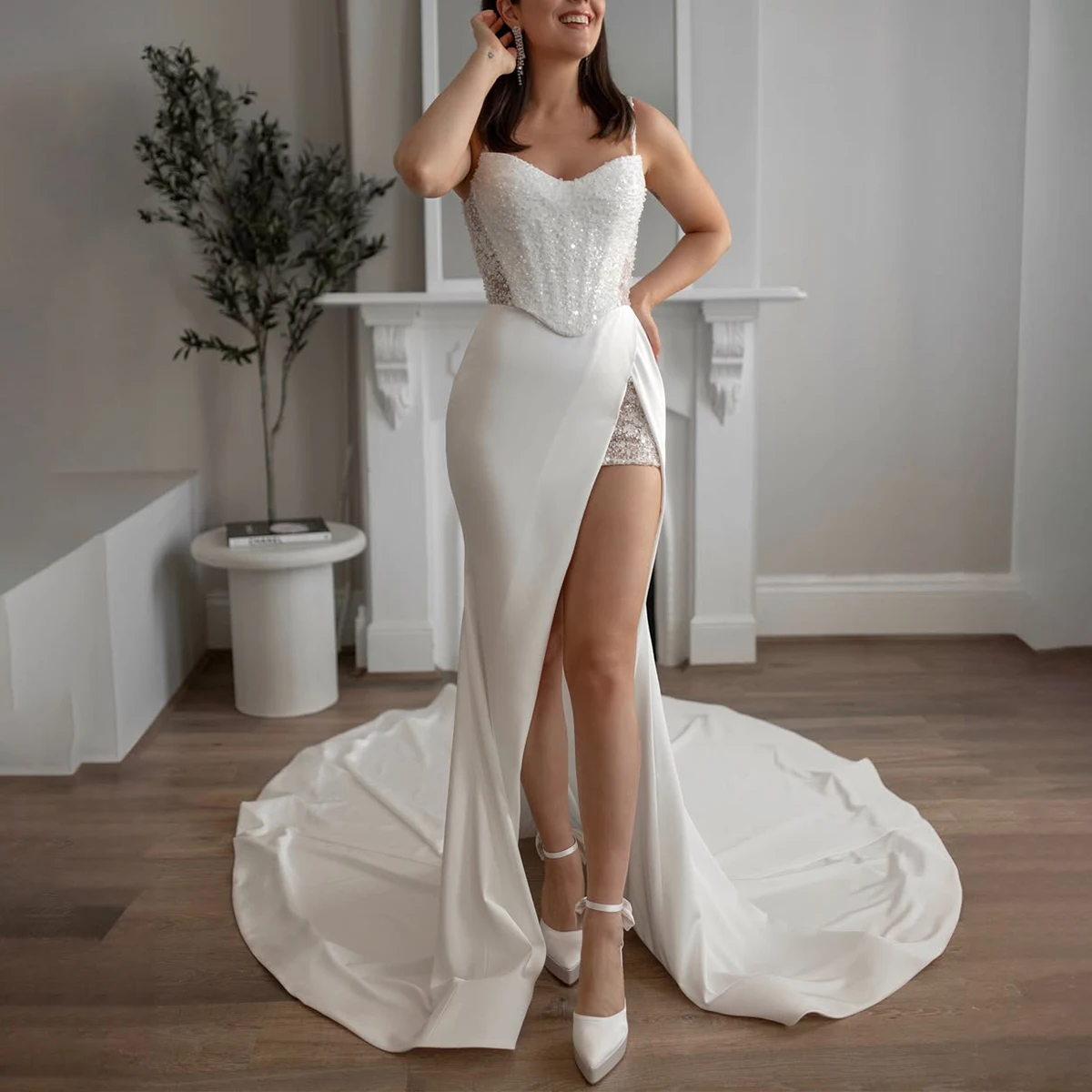 

Elegant Long Mermaid Lace Wedding Dress High Slit V Neck Satin Sheath Bridal Party Gown For Bride Vestidos Novia