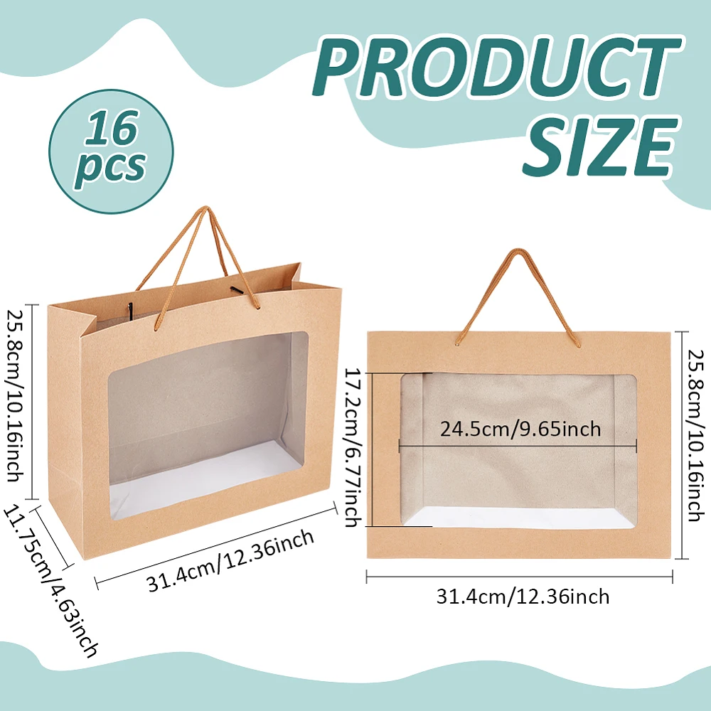 16pcs Gift Bags with Transparent Window Kraft Paper Shopping Bags with Handle for Birthday Wedding Party Florist Packing
