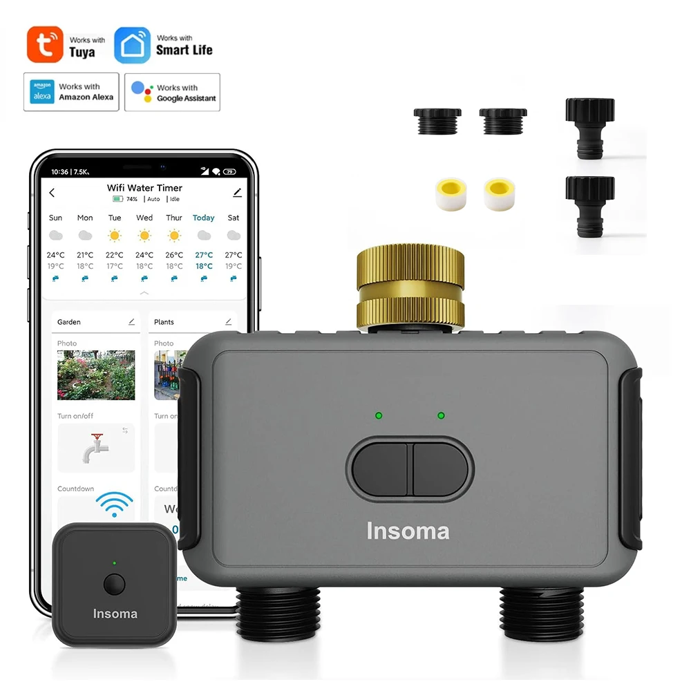 Insoma Water Timer with Gateway Dual Hose Automatic Garden Irrigation Watering System Remote Sprinkler Programmer support Alexa