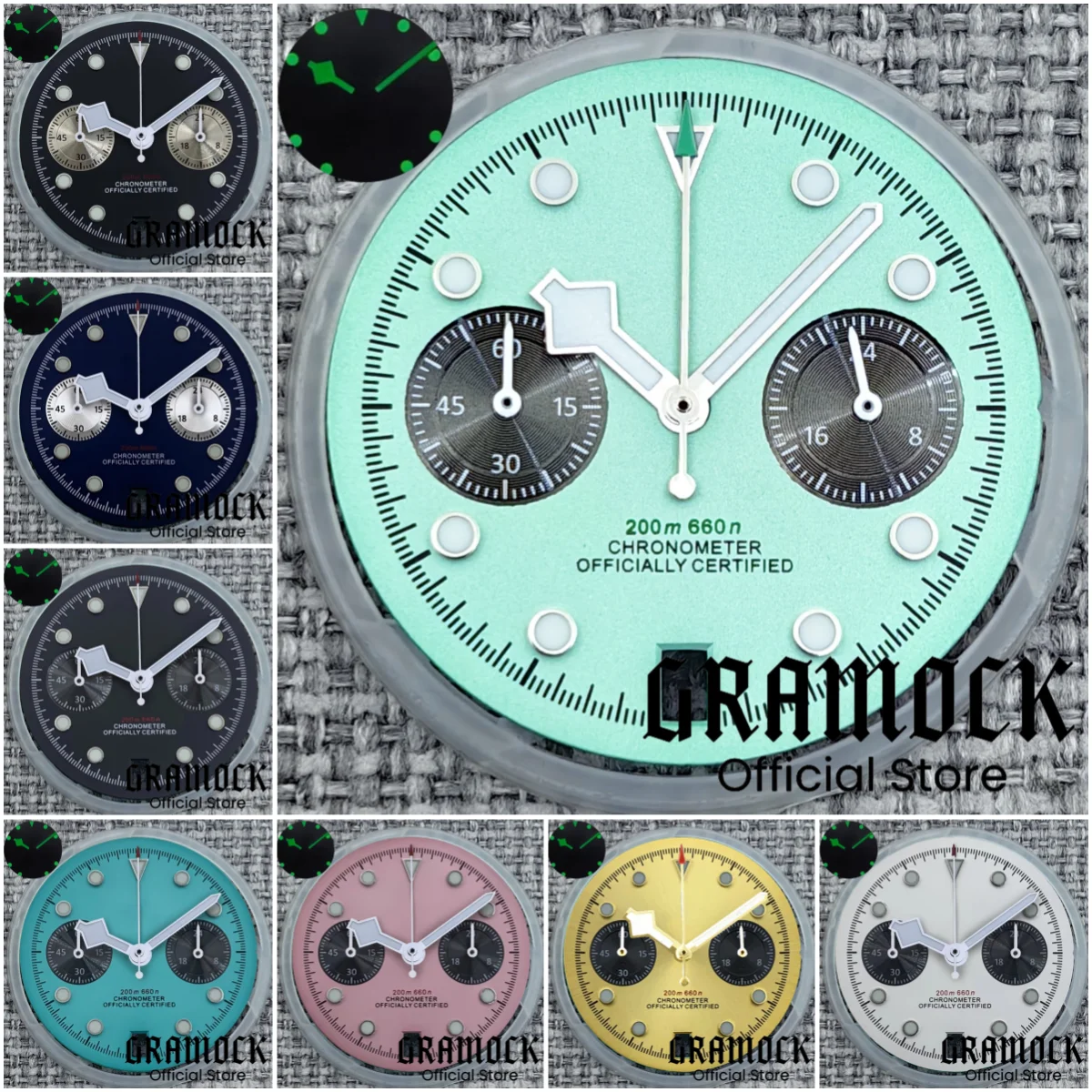 Gramock 30mm VK64 Chronograph Flamingo Blue Pink Black Watch Dial With Snowflake Hands Luminous Fit VK64 Movement For 39mm Case