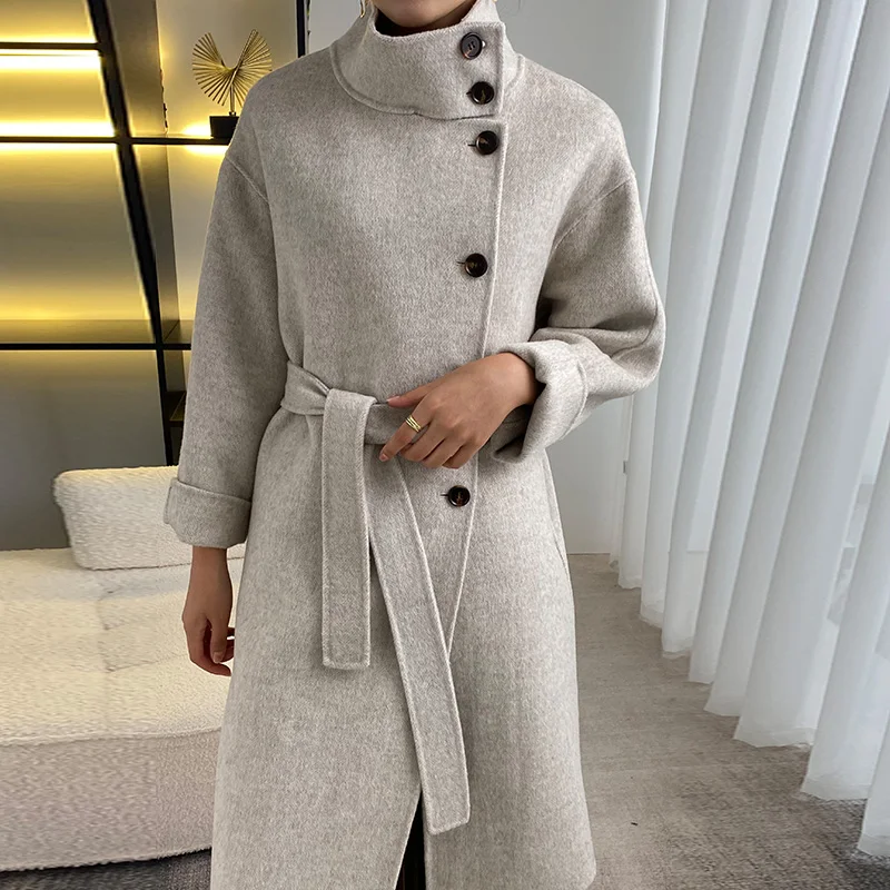 2024 autumn and winter new high-end double-sided cashmere coat in the long stand collar loose tie pure wool coat coat