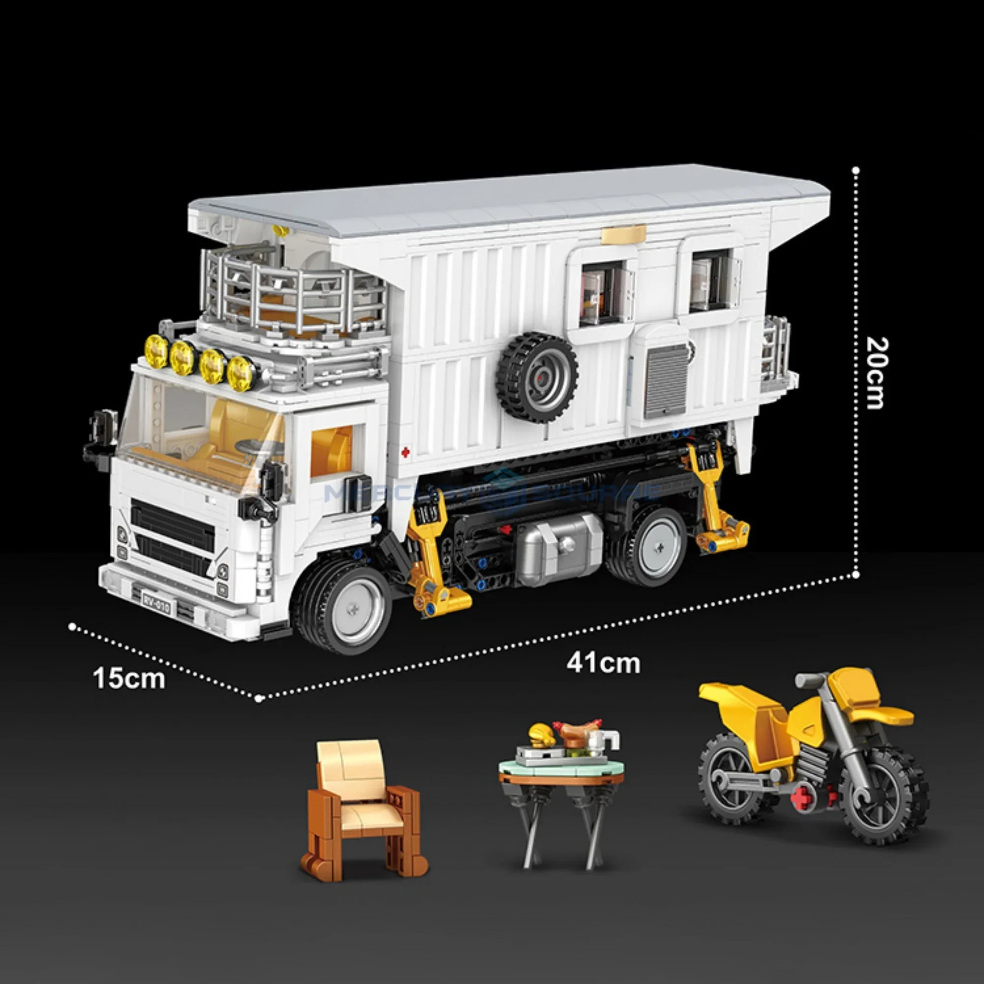 Camper Van Building Blocks MOC Attached Motorcycle Technical Retro Holiday RV Bricks Mobile Vacation Home Vehicle Ideas Toy Gift
