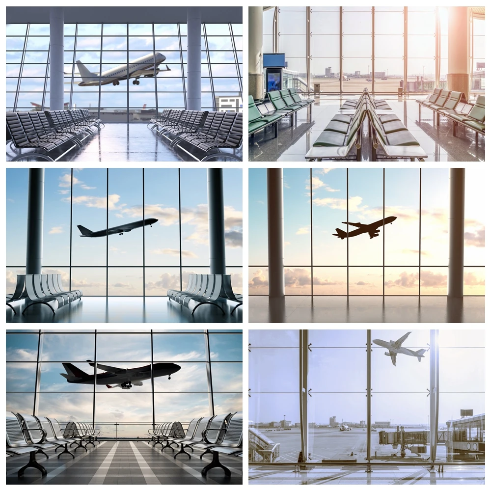 Plane Take Off French Window Photography Backdrop Airport Waiting Room Poster Baby Portrait Photographic Background Photo Studio