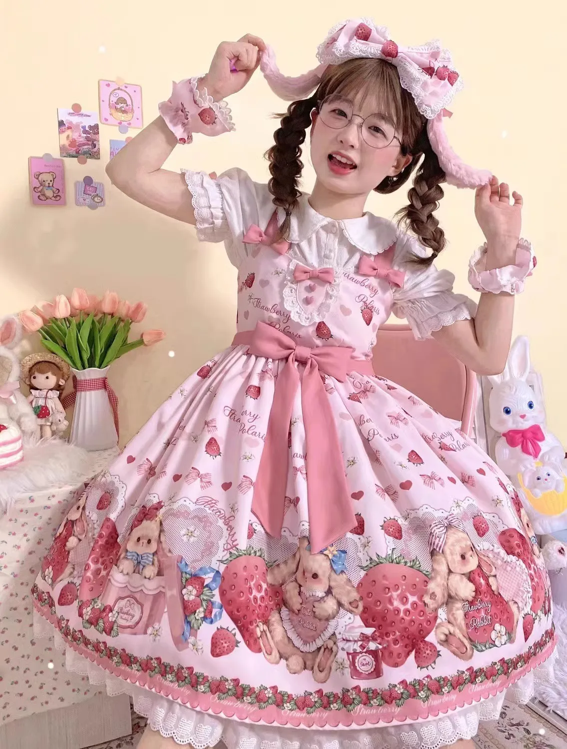 

Victorian Sweet Lolita Jsk Dress Strawberry Cartoon Cute Rabbit Print Suspenders Dress Japanese Summer Girl Kawaii Party Dresses