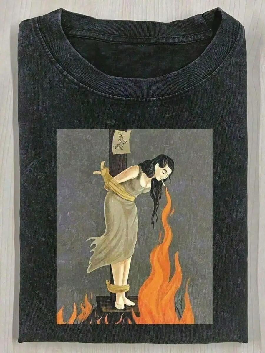 1pcs230g Washed, Fire Messenger Printed T-Shirt, High-Quality Wax Printed Pure Cotton Retro Fashion Brand T-Shirt, Men's T-Shirt