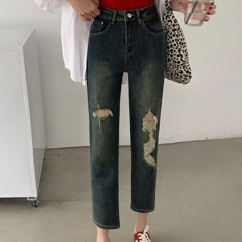 

Women's Harlan Jeans 2025 Spring And Summer Fashion Vintage Casual Slim Straight High elasticity Ninth Points Ripped Denim Pants