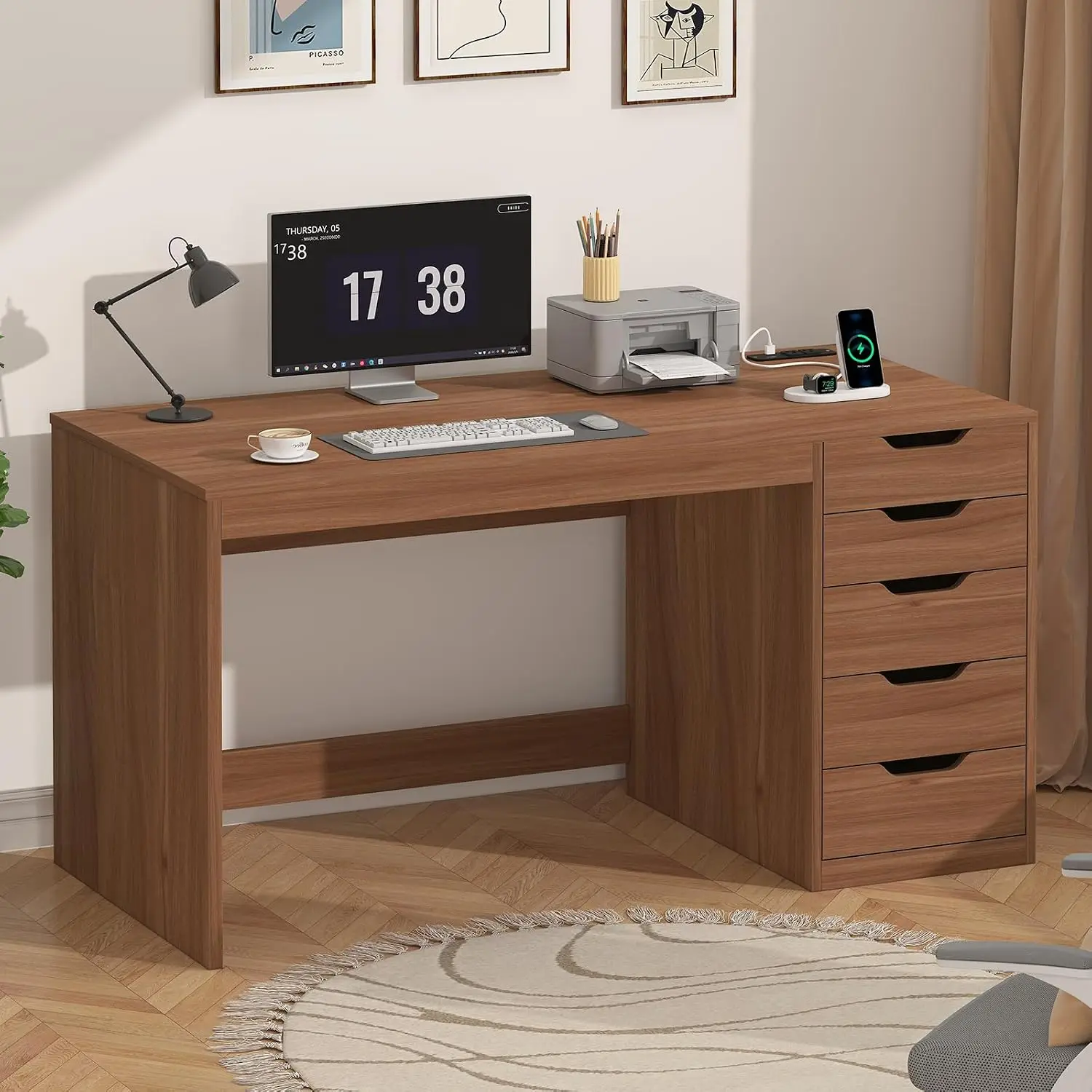 Computer Desk 5 Drawers & Power Outlets Small Space  Storage File Cabinet Charging Station Laptop Writing Table, Customized