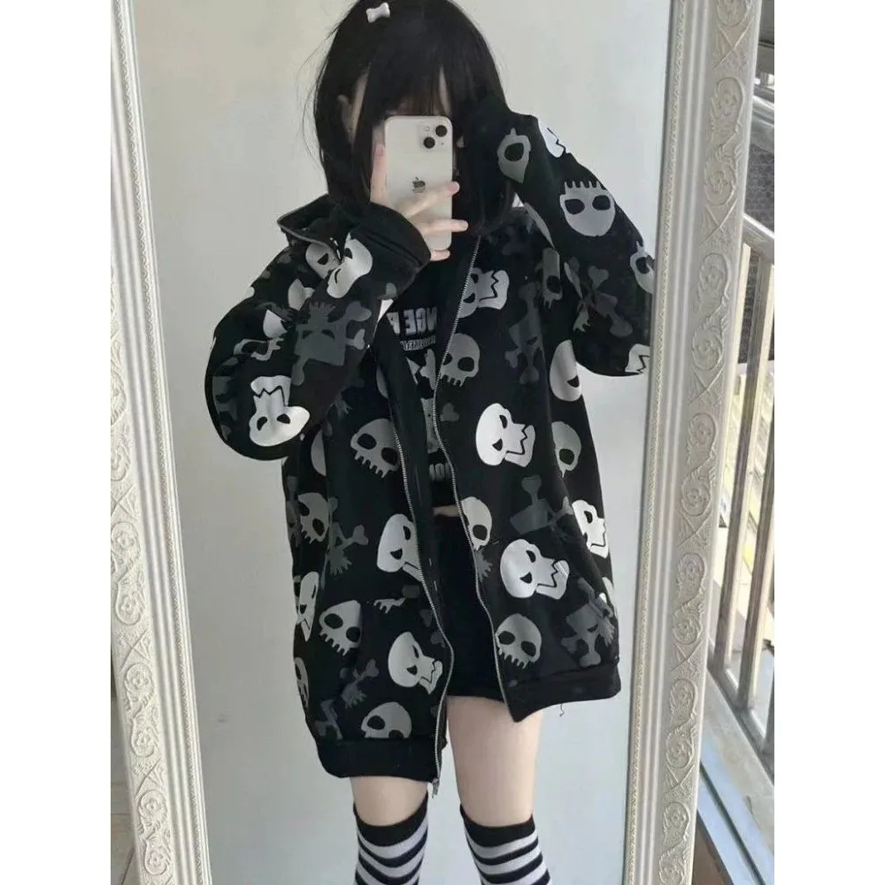 

Harajuku Sle Vintage Skull Print Zipup Hoodies Kawaii Women's Sweatirt Faionable Casual Streetwear