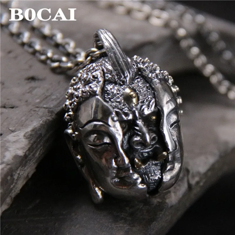 

BOCAI Wholesale S925 silver jewelry vintage hand-carved evil comes from the heart One thought in a moment Pendant for men