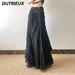 High-end Street High-waisted Straps A-shaped Long Skirt Autumn and Winter New Temperament Sweet Lace Mesh Splicing Skirts