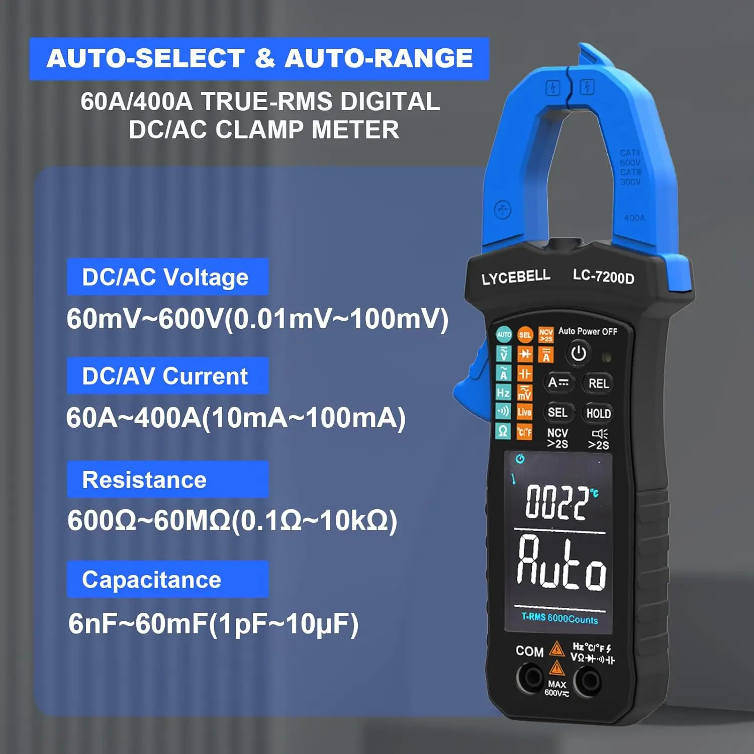 

Digital Clamp Meter Multimeter Tester 60A/400A AC/DC True RMS,Profession Multimeters Current Voltage Diode Continuity Tester NCV