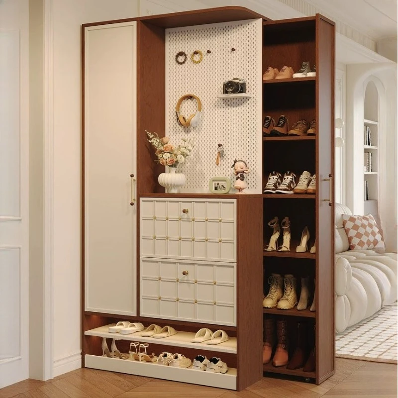 Storage Wooden Shoe Cabinet Creamy Style Stand Hallway Space Saving Shoe Cabinet Narrow Book Zapatero Vertical Room Furniture