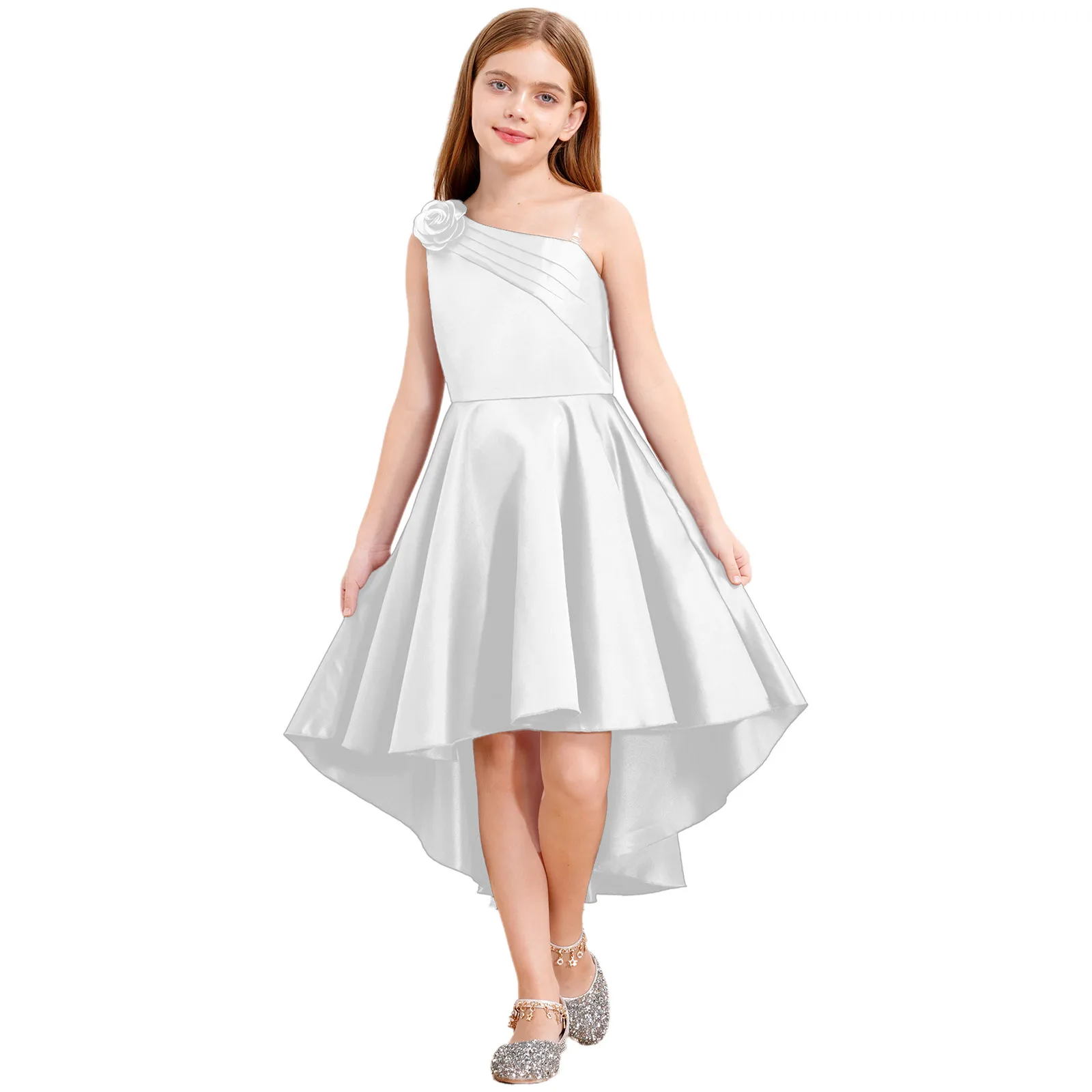 Kids Flower Girls Elegant Wedding Party Dress One Shoulder Irregular Hemline Dresses Pageant Evening Birthday Banquet Prom Gown