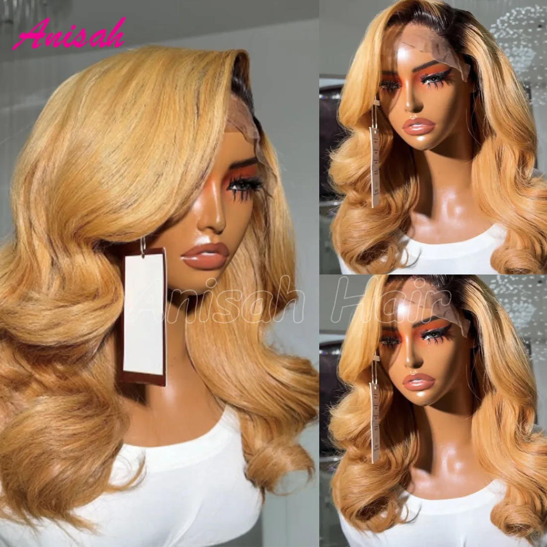 

Ombre Honey Blonde 13X6 HD Transparent Lace Front Wigs Human Hair Pre Plucked Dark Root Colored Wavy Human Hair Wigs for Women