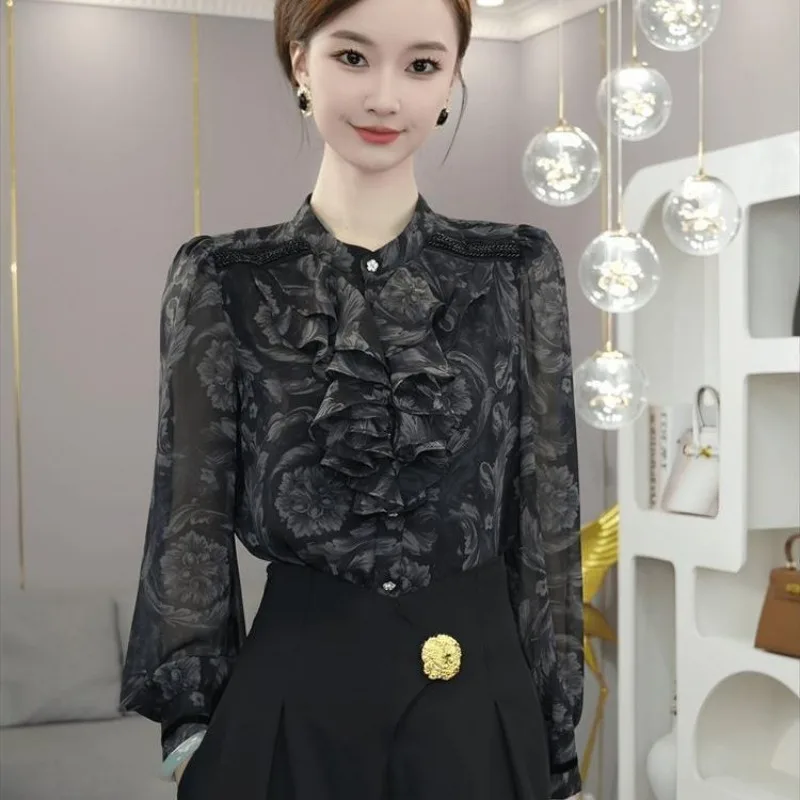 Camisa 2025 primavera nova feminina de luxo estilo francês cinza senhora do escritório fino em torno do pescoço floral temperamento de manga comprida topo