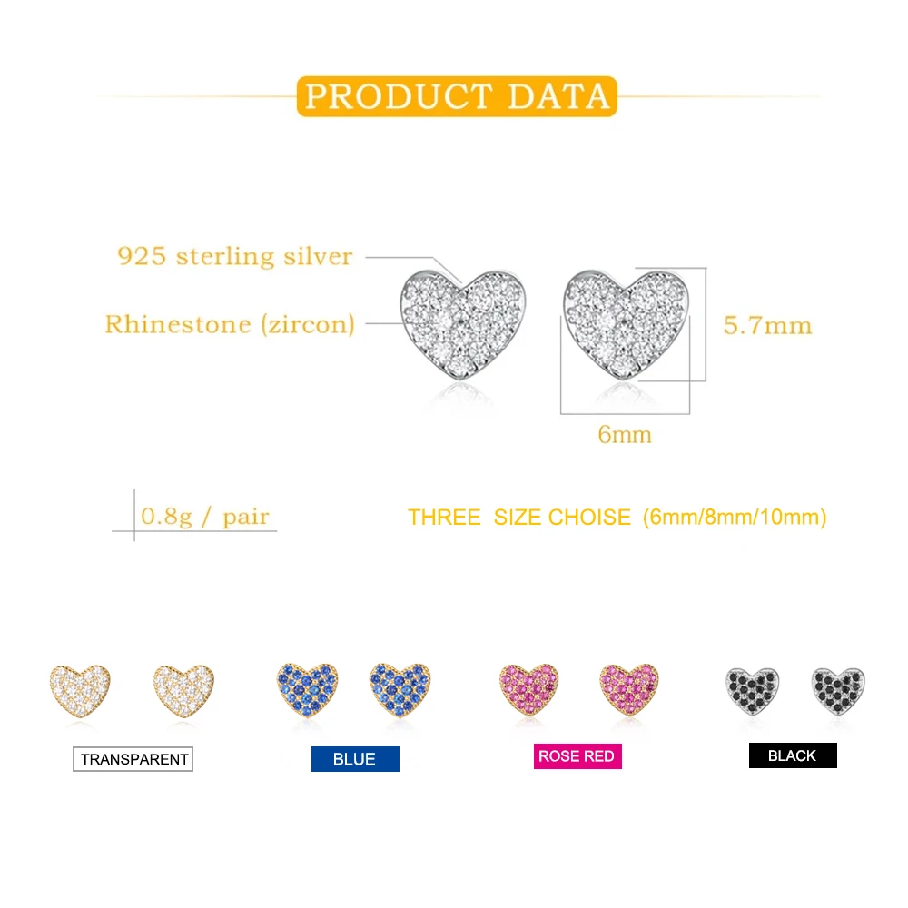 925 Sterling Silver Women's Hearts Stud Earrings With Cubic Zirconia Korea Fashion Jewelry for Girls Small Cute Shiny Ear Rings