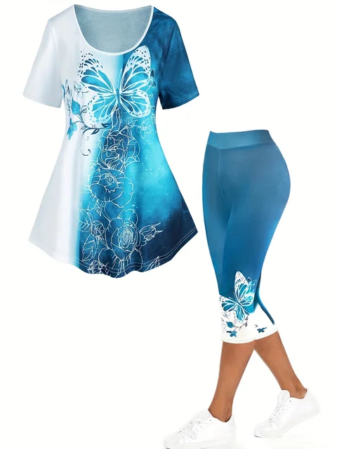 Plus Size pasujące zestawy letnia kobieta duży rozmiar niebieski kolor nadruk z motylem T-Shirt spodnie z nadrukiem casualowe dwuczęściowe Se