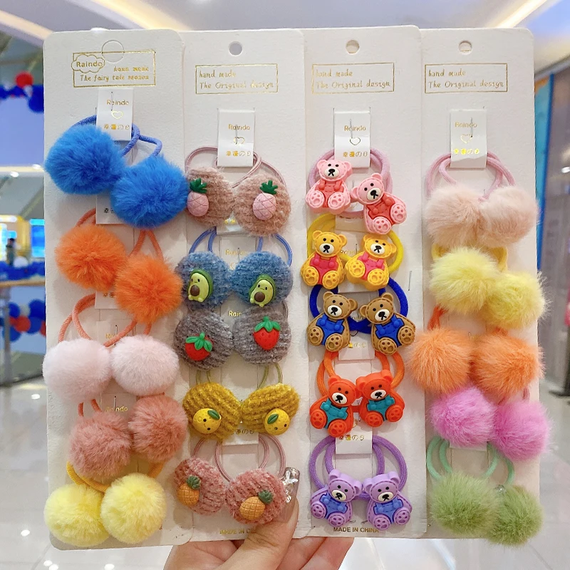 2/10 Pcs/Set Baby Girls Cute Cartoon Flower Hairball Scrunchies Rubber Bands Children Sweet Hair Bands Kids Hair Accessories