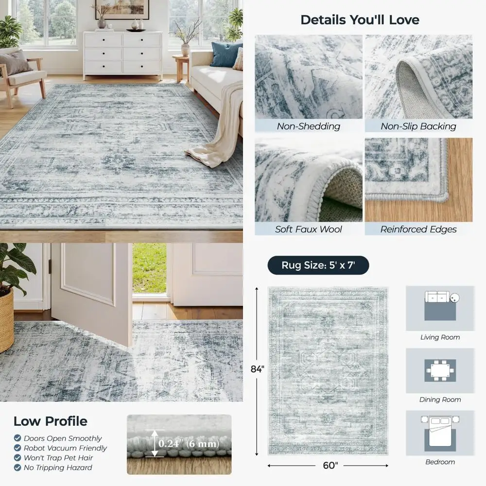 

5x7 Washable Living Room Rugs, Soft Faux Wool for Bedrooms and Dining Areas, Neutral Vintage Distressed, Non-Slip Style